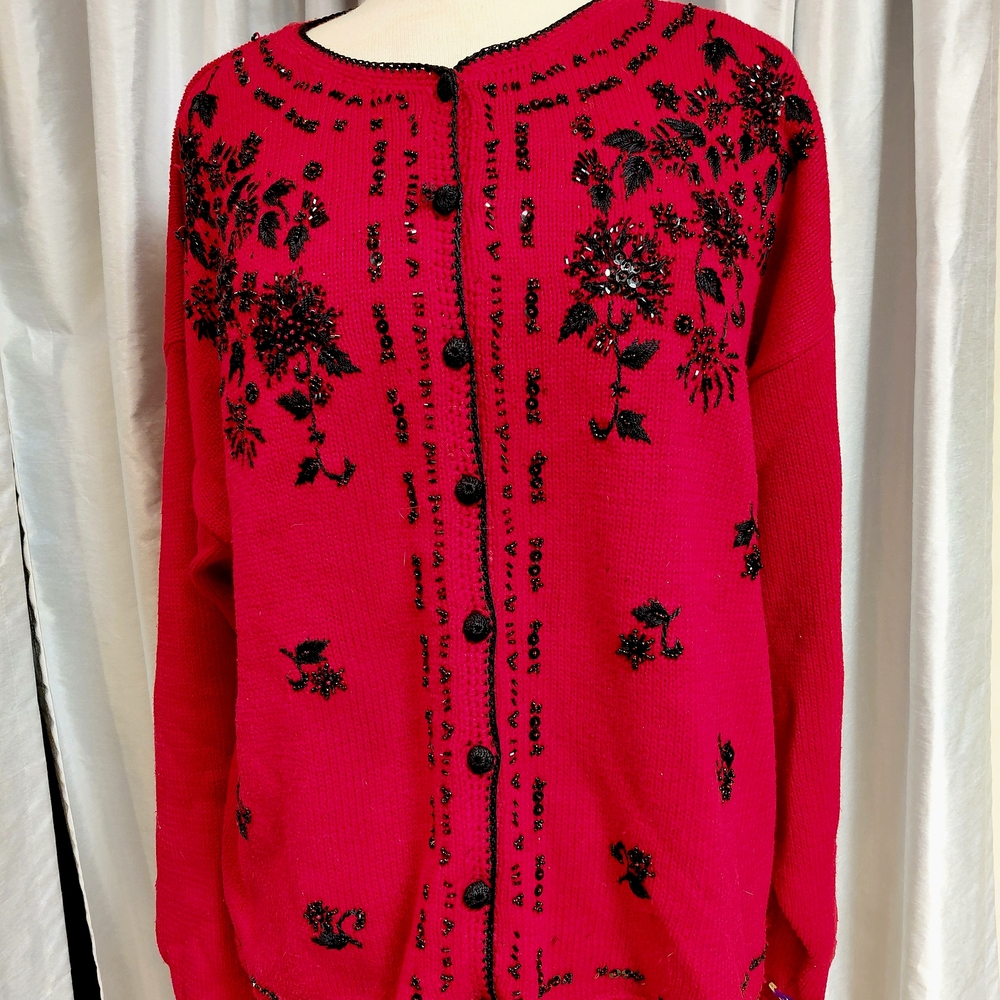 Fashion Bug Red Cardigan with Black Floral Accents